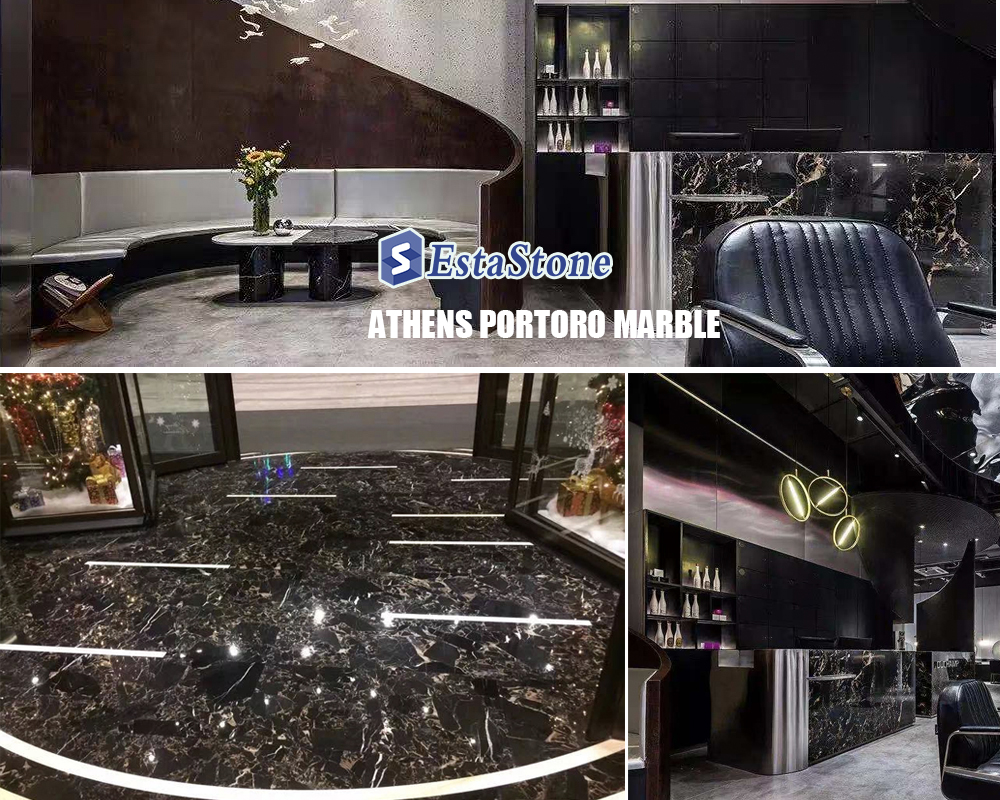 Sol et plans de travail en marbre noir et or Portoro d’Athènes – Esta Stone