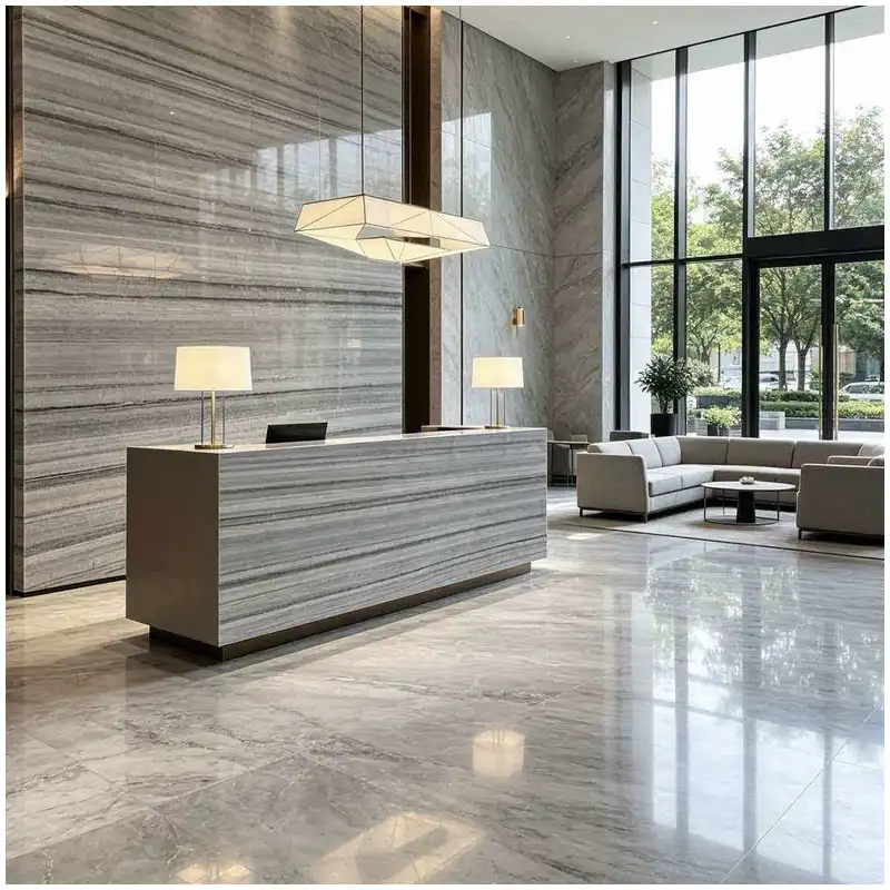 Crystal Wood Grain Marble Office Building Lobby Projects Crystal Wood Grain Marble office building lobby project with wood grain marble floor and wall tiles