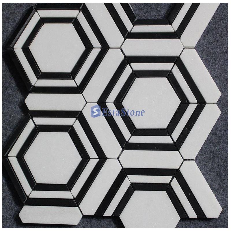 1. Белый Тасос и суперчерная напольная плитка — шестиугольная мраморная мозаика 