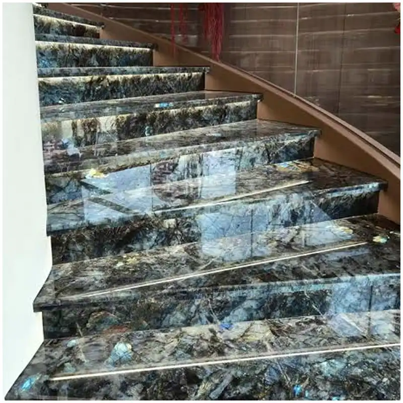 Blue Emerald Labradorite Granite Hotel Stairs Blue Emerald Labradorite Granite luxury hotel stair project with reflective blue green stone design