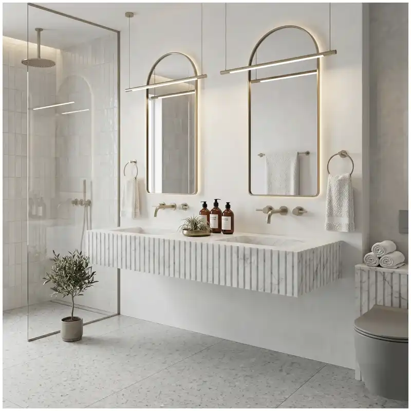 Carrara White Marble Bathroom Vanity Designs Carrara White Marble bathroom vanity tops in a luxury residential bathroom interior