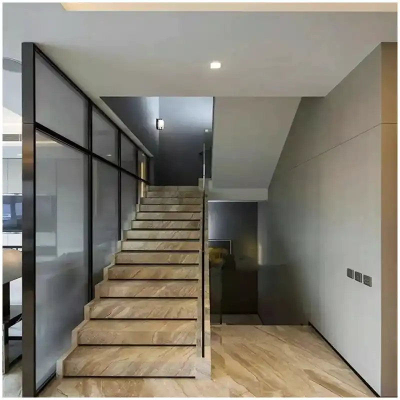 Daino Reale Beige Marble villa stair project with cream beige natural stone treads and risers