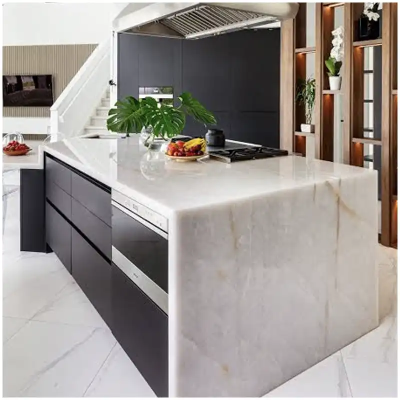 Brazilian White Crystal Quartzite kitchen waterfall countertop project with crystalline white quartzite island