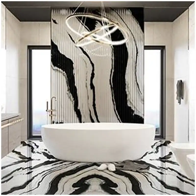 Panda White Marble bookmatched floor and wall bathroom project with black and white marble panels