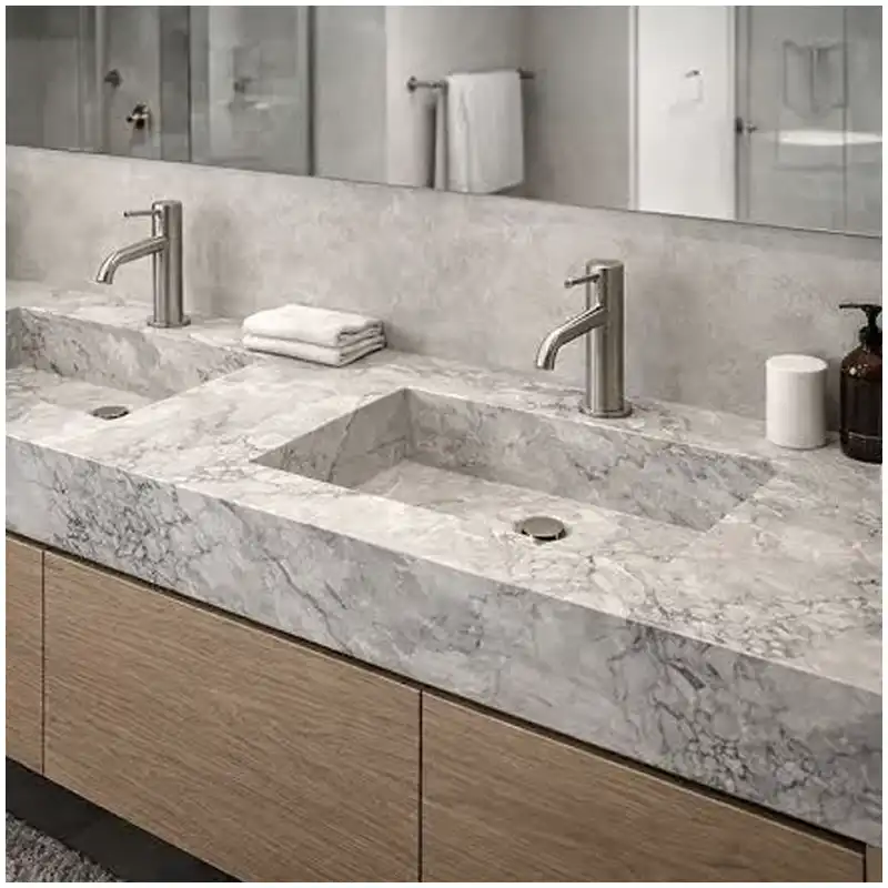 Bianco Eclipse Quartzite luxury bathroom project with grey white stone walls and vanity surfaces
