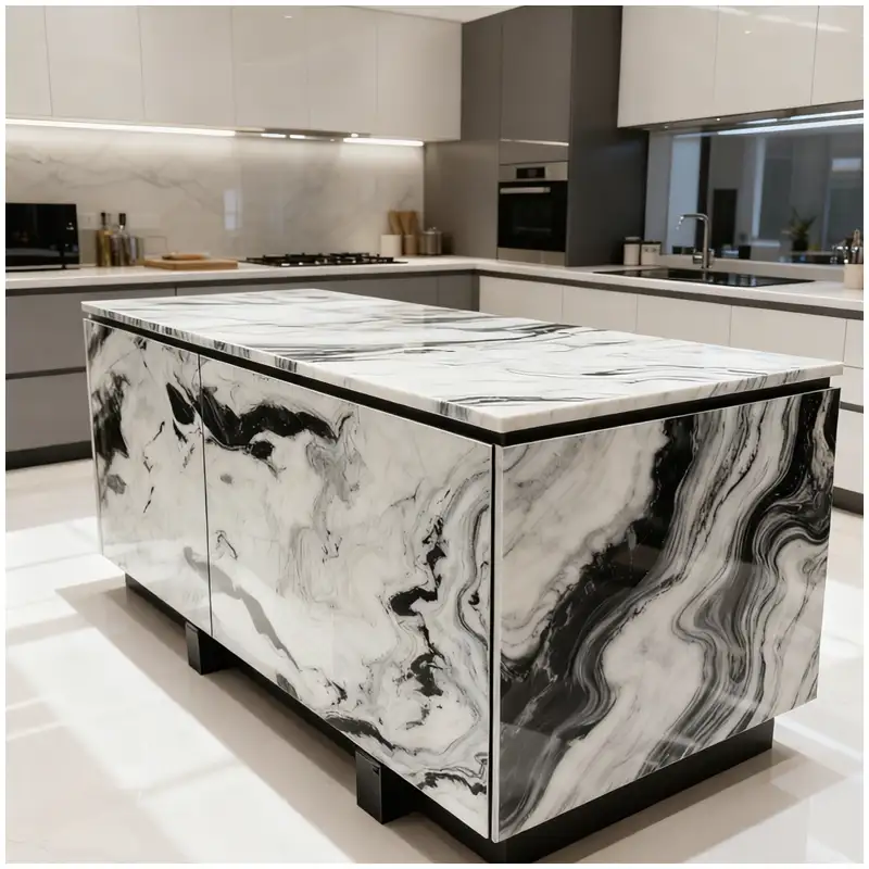 Chinese-Panda-White-Marble-Luxury-Kitchen-Island-Tops-Projects Esta Stone Chinese Panda White Marble kitchen island featuring polished surface and bold black veining for modern luxury interior.