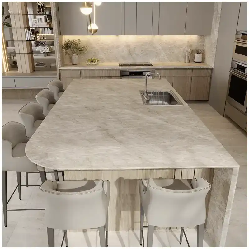 Taj Mahal Quartzite Kitchen Designs Taj Mahal Quartzite Island in a luxury kitchen design with warm neutral cabinetry