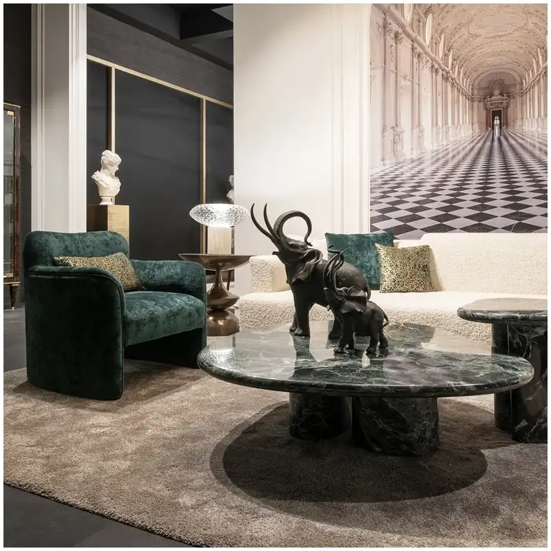 Verde Alpi Marble Coffee Table in mansion living room with dark green marble centerpiece