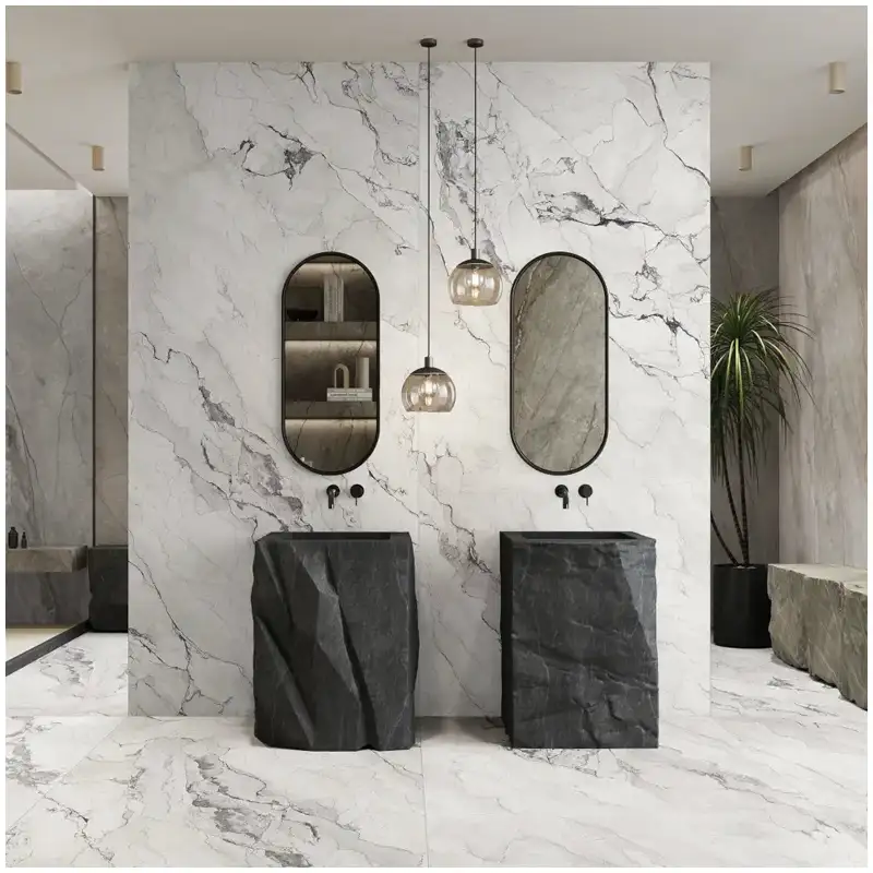 Proyectos de Suelos y Paredes de Baño en Villas de Lujo con Mármol Blanco Camuflaje