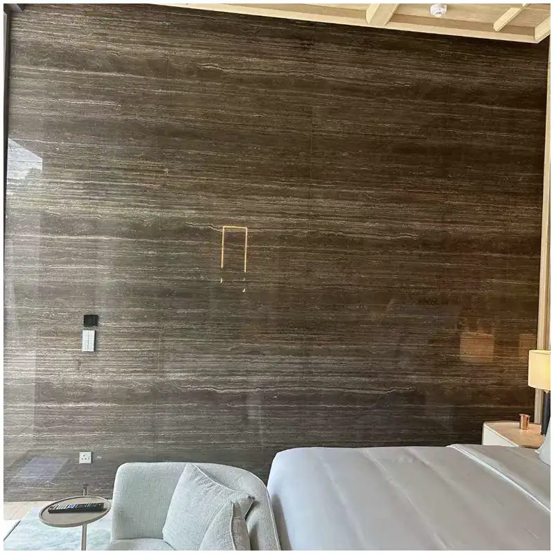 Dark Silver Gray Travertine feature wall project for modern interiors Dark Silver Gray Travertine feature wall project with smoky grey stone texture and modern interior application