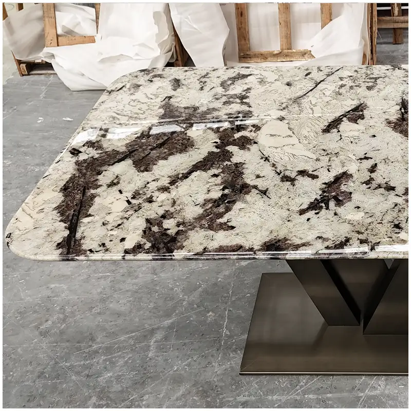 Snow Mountain Granite Rectangle Table with Polished Top and Metal Base Snow Mountain Granite Rectangle Table with Polished Top and Metal Base