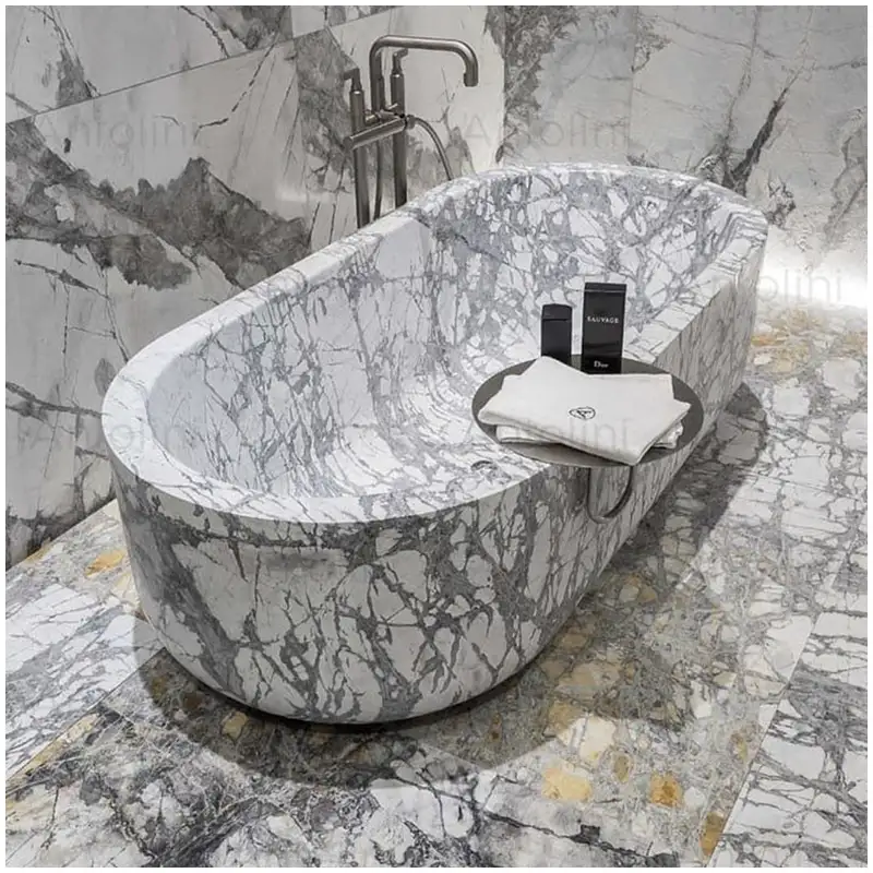 Winter River Snow Marble luxury bathroom project with white grey marble floor wall and bathtub surround