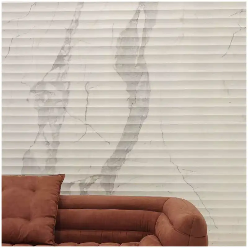 Calacatta White Marble concave wall project with bookmatched white marble panels for luxury interiors