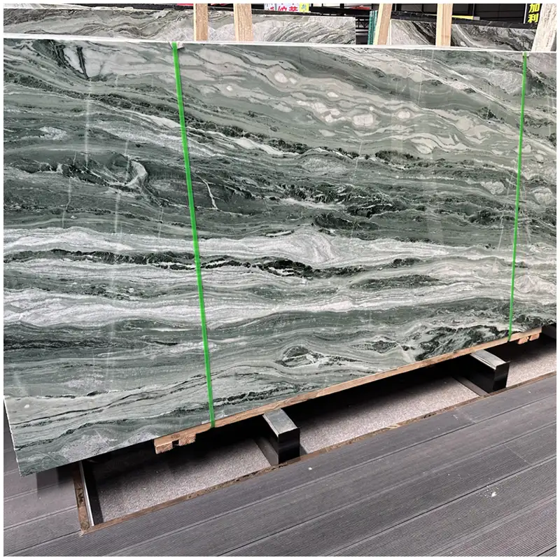 Victoria-Green-Marble-Polished-Slabs Full polished Victoria Green marble slab with landscape pattern warehouse display
