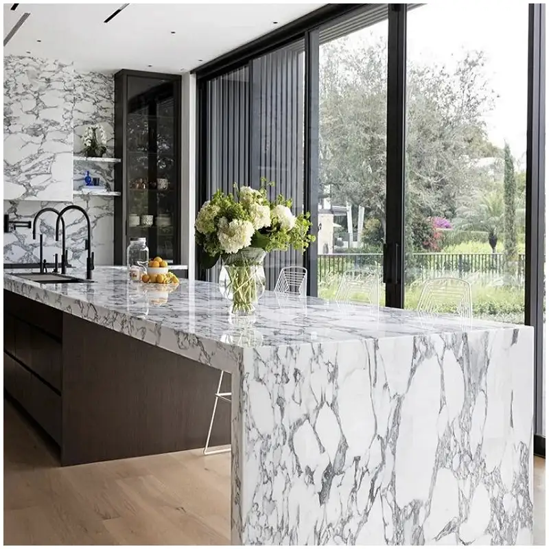 Arabescato White Dolomite Marble luxury kitchen project for countertops and wall panels Arabescato White Dolomite Marble luxury kitchen project with white grey marble countertops