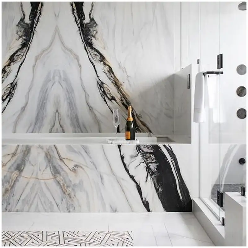 Panda-Marble-Bookmatched-Bathroom-Shower-Wall-Projects Panda-Marble-Bookmatched-Bathroom-Shower-Wall-Projects