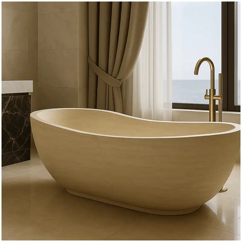 Super White Travertine tubs in luxury penthouses with natural white stone bathroom design