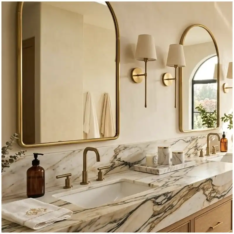 Calacatta Gold vs Calacatta Viola full slabs compared under neutral warehouse lighting Calacatta Gold vs Calacatta Viola full slabs compared under neutral warehouse lighting