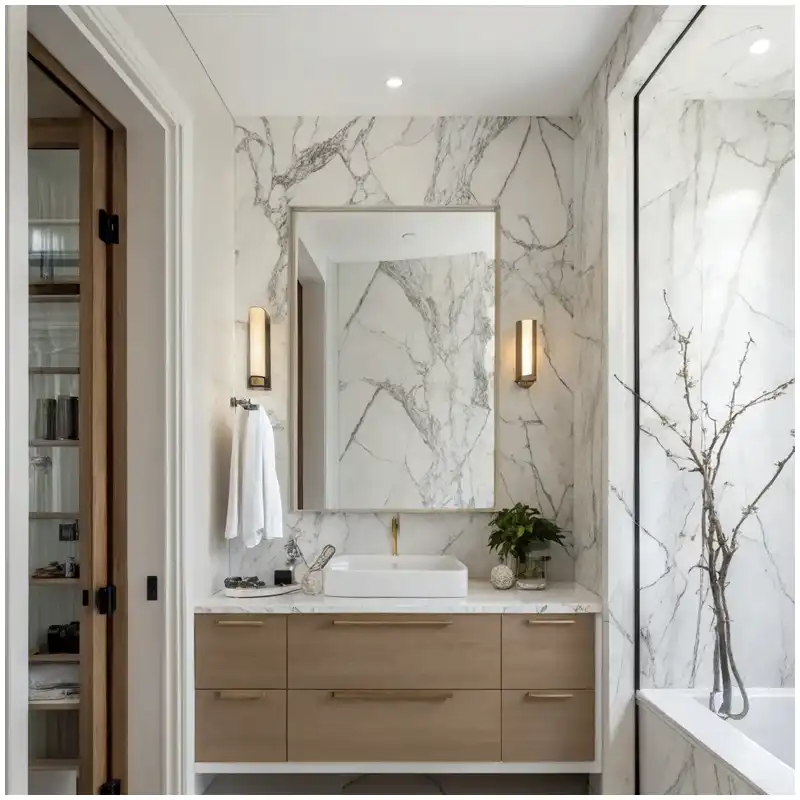 Calacatta Marble Corner Matching for Shower Walls, Feature Walls, and Vanity Returns Calacatta Marble Corner Matching for Shower Walls, Feature Walls, and Vanity Returns