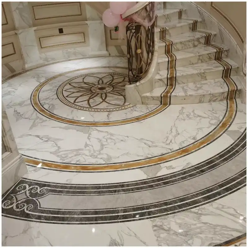 Calacatta marble floor tile dry lay with numbered field tiles border pieces doorway cuts and vein arrows Calacatta marble floor tile dry lay with numbered field tiles border pieces doorway cuts and vein arrows