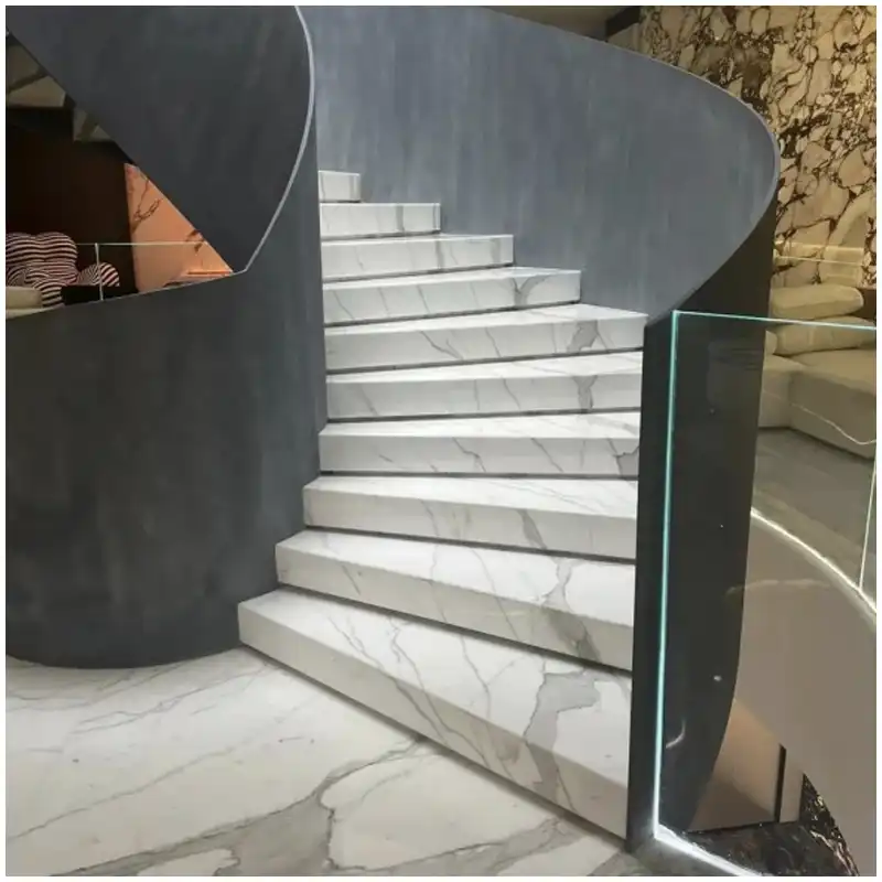 Calacatta marble staircase layout with numbered treads risers landing pieces nosing profiles and vein arrows Calacatta marble staircase layout with numbered treads risers landing pieces nosing profiles and vein arrows