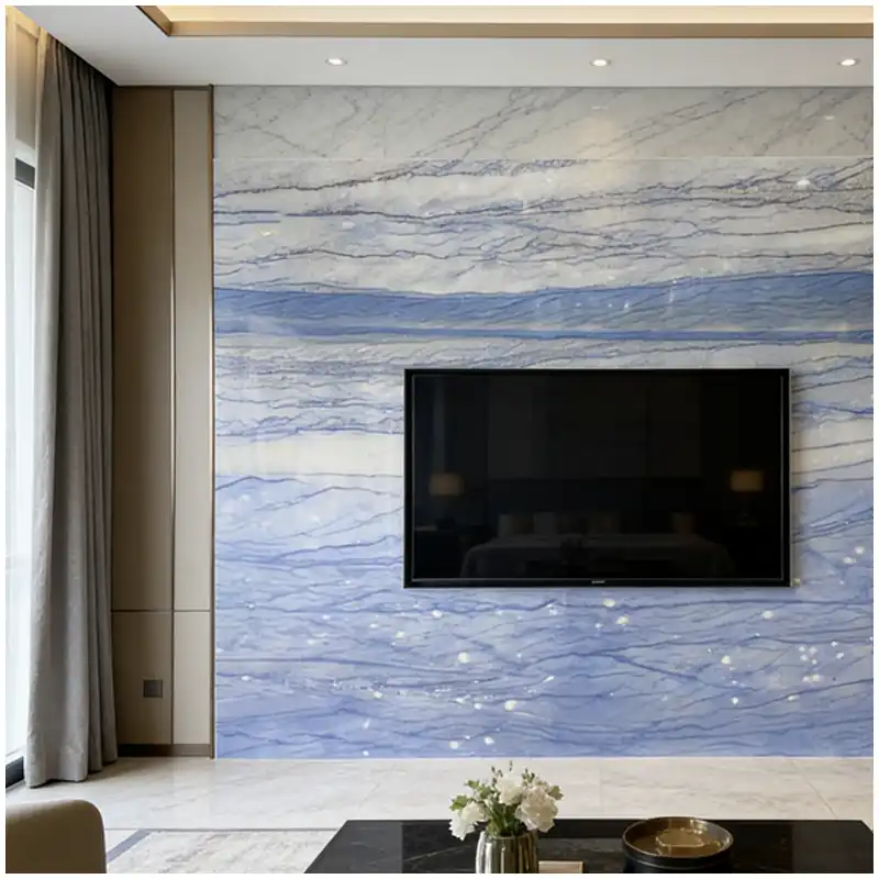 Macaubas Azul Quartzite Luxury Mansion Feature Wall Projects Macaubas Azul Quartzite luxury mansion feature wall project with blue quartzite slab panels