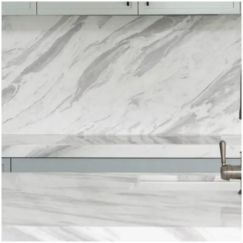 Approved Volakas marble slab photograph compared against an installed bathroom mark Approved Volakas marble slab photograph compared against an installed bathroom mark