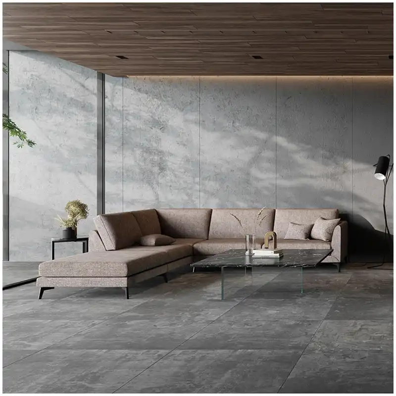 Atlantic Grey Quartzite villa flooring tiles project with dark grey quartzite floor and modern interior design