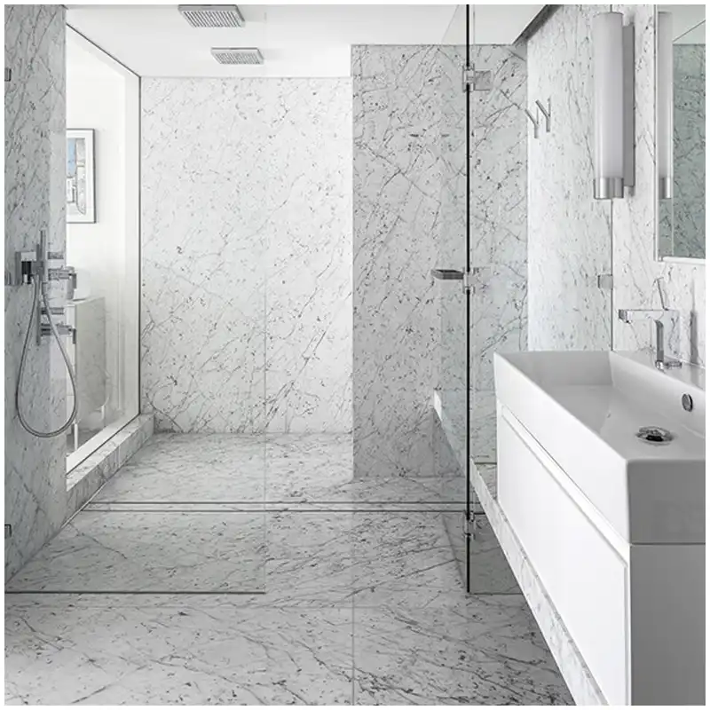Carrara Marble Backsplash Vanity Height, Mirror Line, Outlets, and Vein Flow Carrara Marble Backsplash Vanity Height, Mirror Line, Outlets, and Vein Flow
