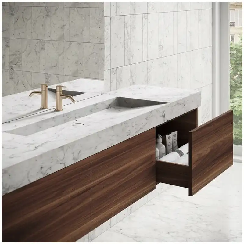 Carrara marble vanity top slab layout with sink cutout edge and backsplash Carrara marble vanity top slab layout with sink cutout edge and backsplash