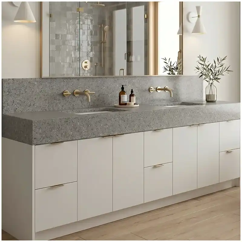 Grey Shimmer Quartz Vanity Tops for luxury apartment bathroom with polished grey quartz surface