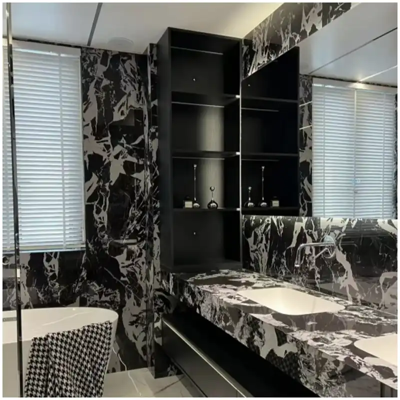 Noir Grand Antique Marble Luxury Mansion Bathroom Projects Noir Grand Antique Marble luxury mansion bathroom project with black and white marble wall and countertop