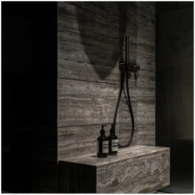 Silver Travertine Bathroom Projects Silver Travertine bathroom project with grey travertine wall tiles and vanity design