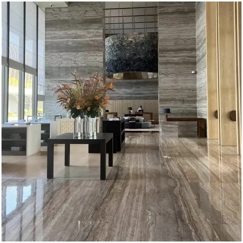 Silver Travertine Hotel Lobby Floor and Wall Projects Silver Travertine hotel lobby floor and wall project with grey travertine slabs and tiles