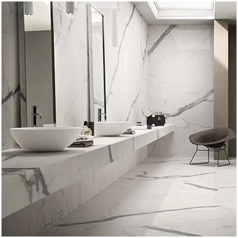 Statuario marble slabs checked under 3000K and 4000K light with vein zones marked for bathroom use Statuario marble slabs checked under 3000K and 4000K light with vein zones marked for bathroom use