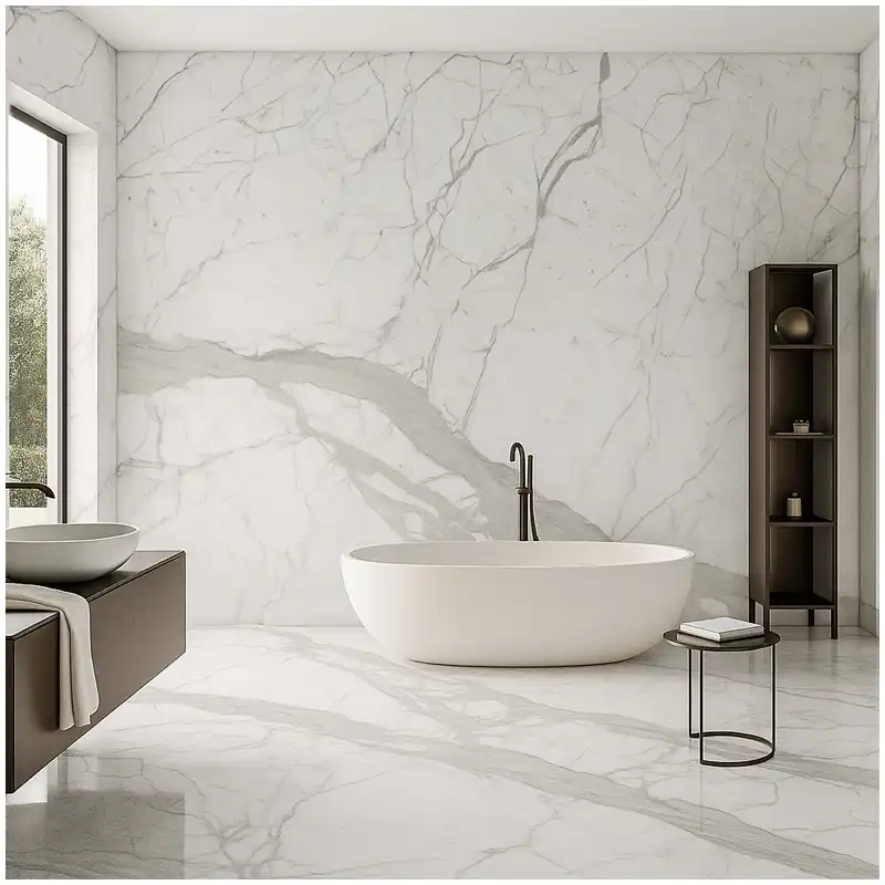 Statuario marble vanity top slab overlay with sink cutout faucet holes backsplash and vein placement Statuario marble vanity top slab overlay with sink cutout faucet holes backsplash and vein placement