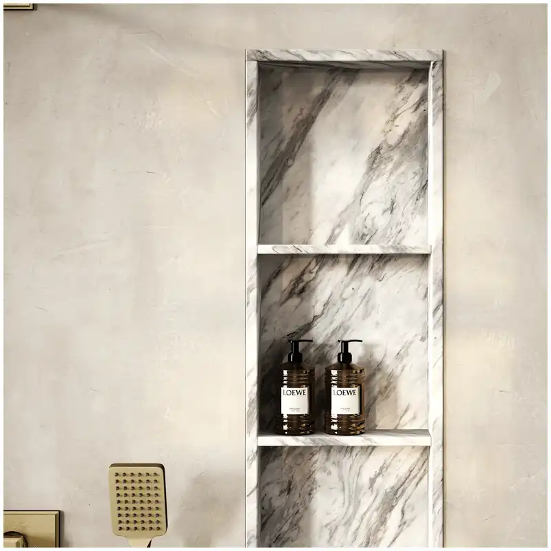 Volakas Marble Niche Shelves Before Shower Walls Are Cut