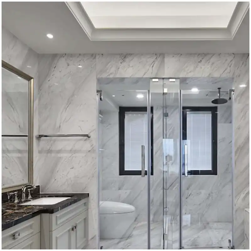 Volakas marble shower floor layout with tile size, joint grid, grey diagonal veins and drain cut marked Volakas marble shower floor layout with tile size, joint grid, grey diagonal veins and drain cut marked
