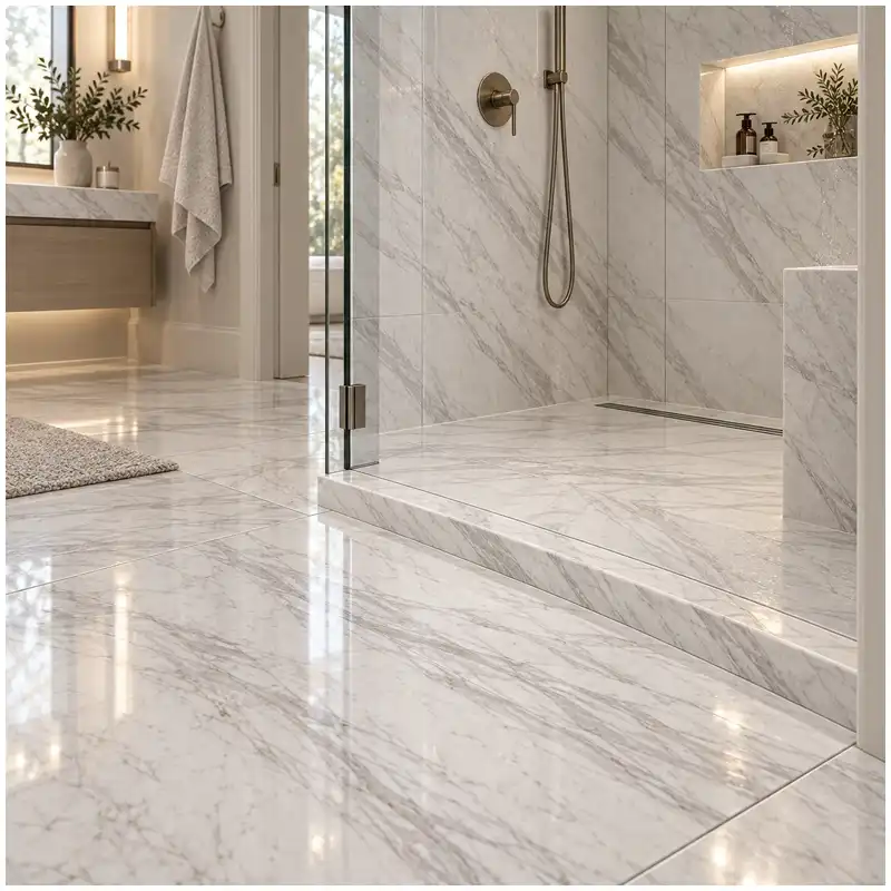 Volakas marble thresholds at bathroom doorway with wet side fall