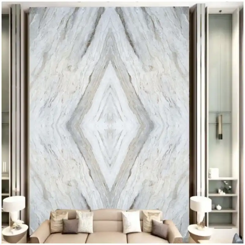 Volakas marble wall panel layout with vertical joints and grey vein direction Volakas marble wall panel layout with vertical joints and grey vein direction