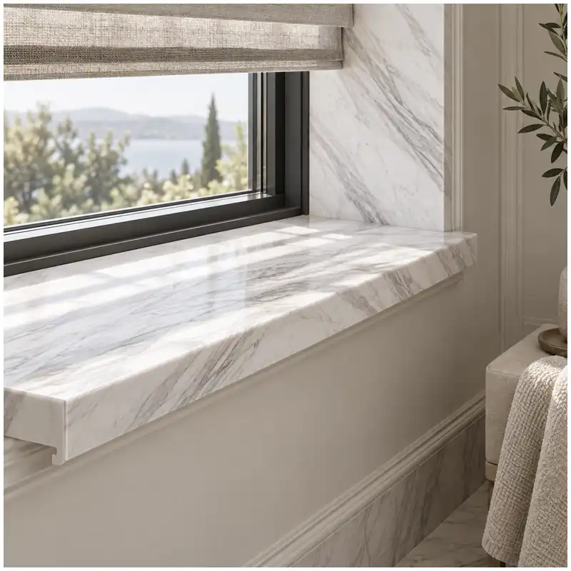 Volakas marble window sills with matched grey veins, drip edge, and side return Volakas marble window sills with matched grey veins, drip edge, and side return
