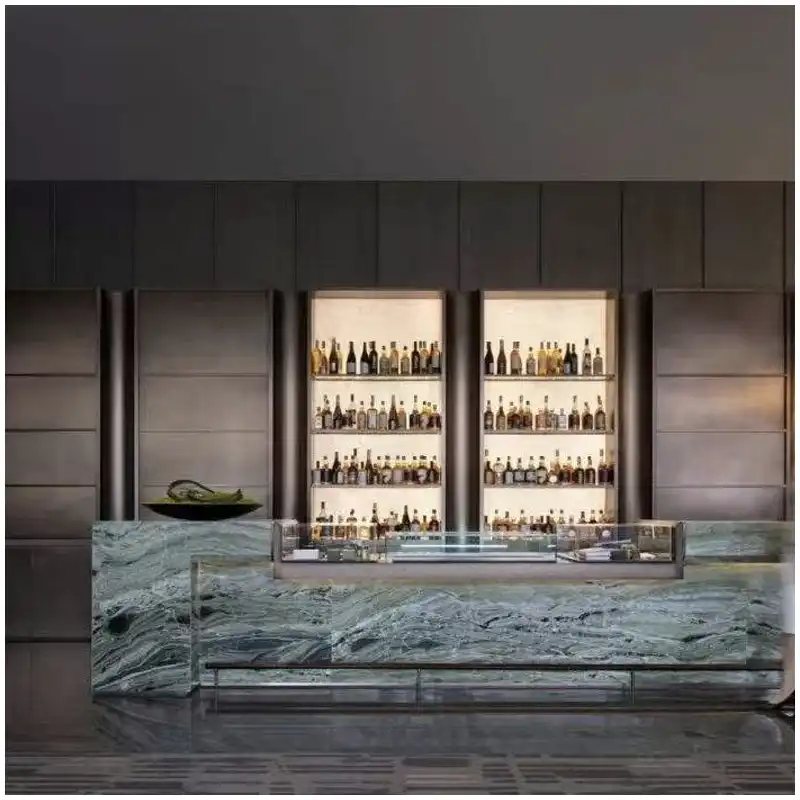 Cloud Jade Marble hotel bar countertop design with expressive green marble veining