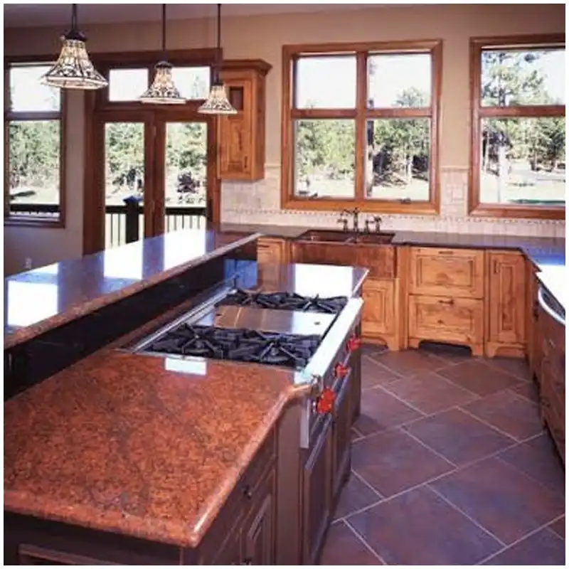 Magic Rainbow Red Granite Kitchen Project Magic Rainbow Granite Slab applied to a villa kitchen countertop and red granite island design