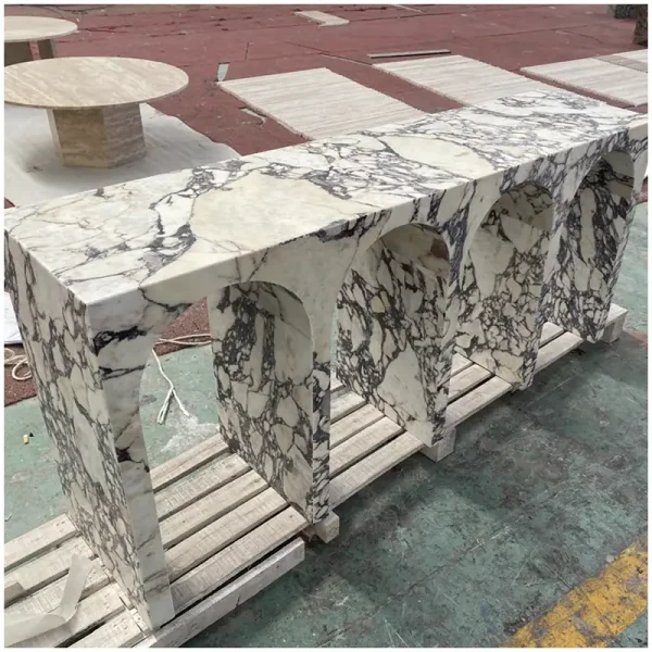 Full size Calacatta Viola marble arch console table factory warehouse display