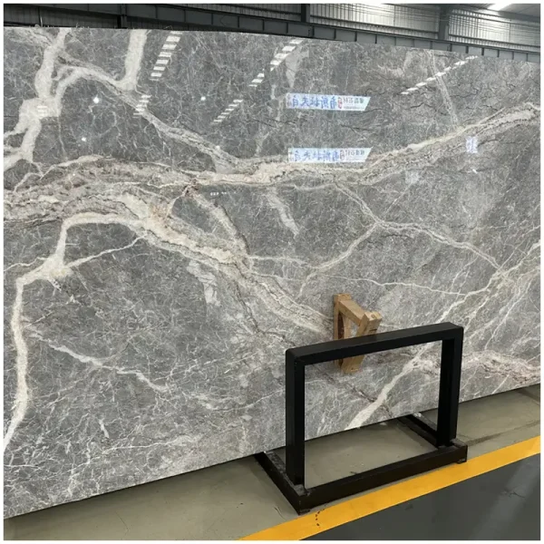 Grey marble slab with interwoven white veins polished natural stone