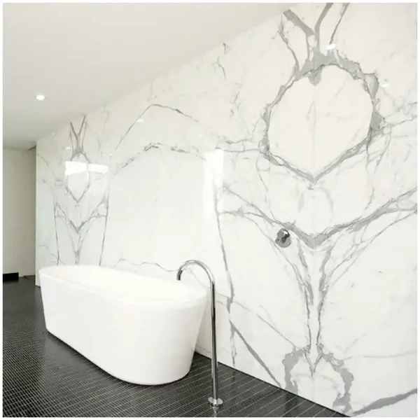 Statuario Marble Shower Walls before Niches, Corners, and Warm Light