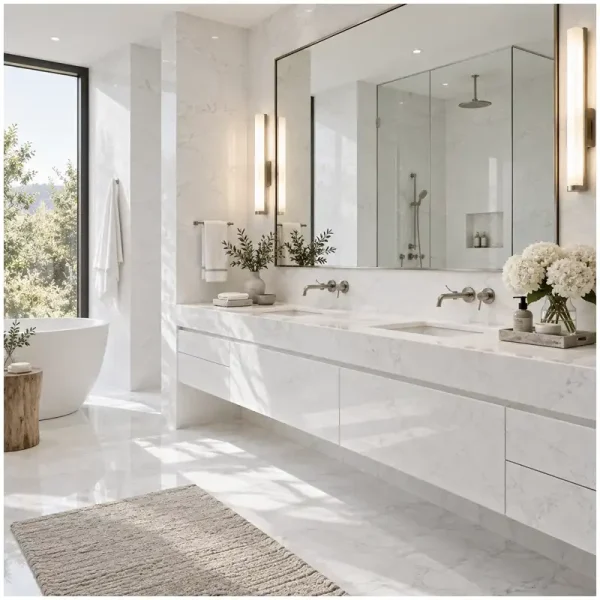 Thassos marble bathroom under warm lighting with full slab selection