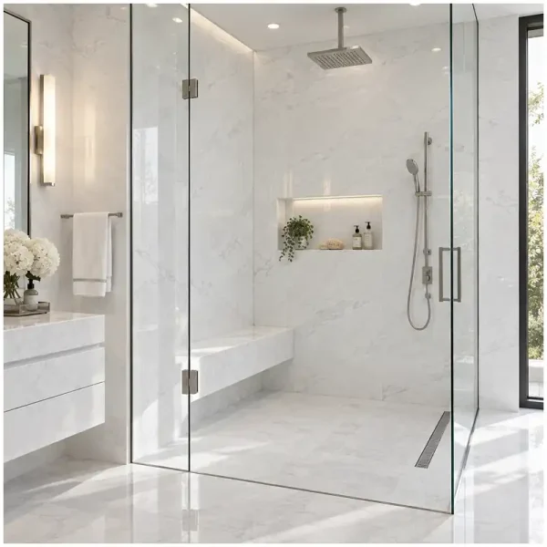 Thassos marble shower floor mosaic with drainage and grout joints